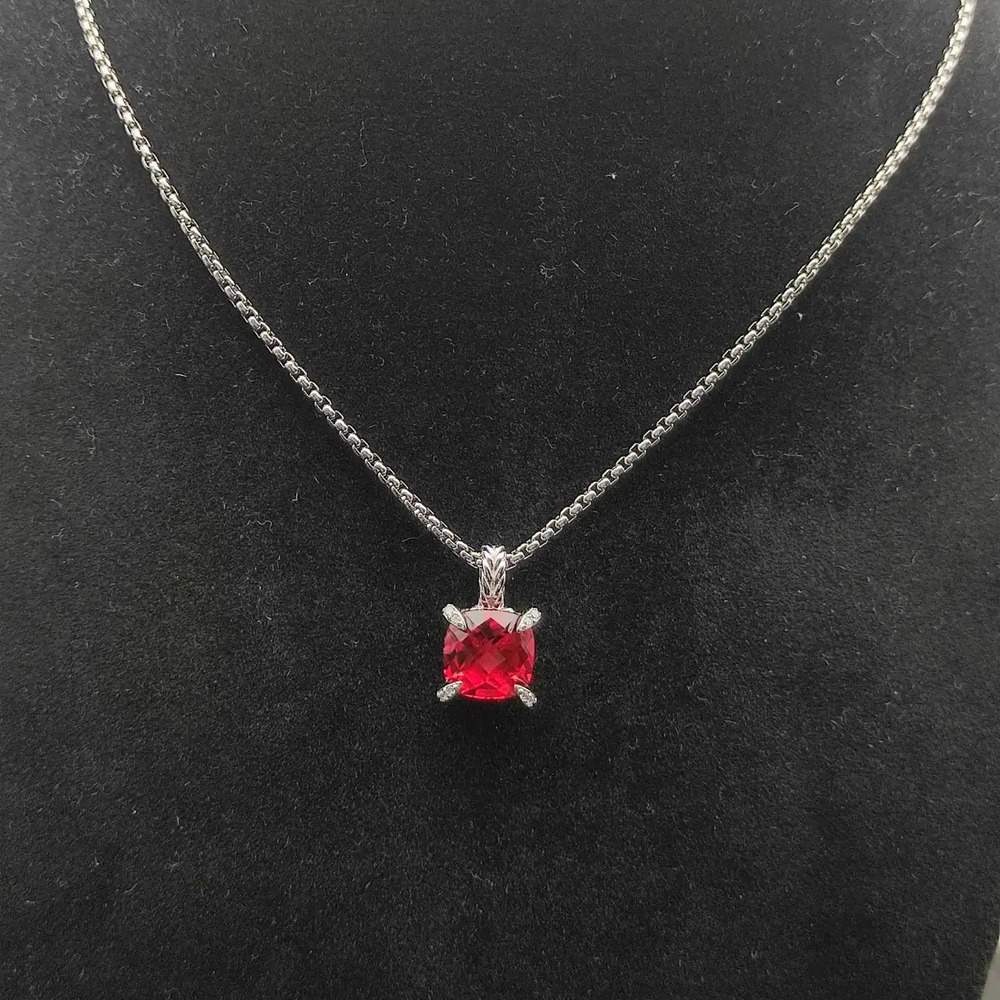 David Yurman Silver Center Stone Gold Four-Prong Red Diamond Necklace - Picture 4 of 6